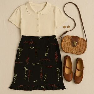 Vintage black floral midi skirt size L